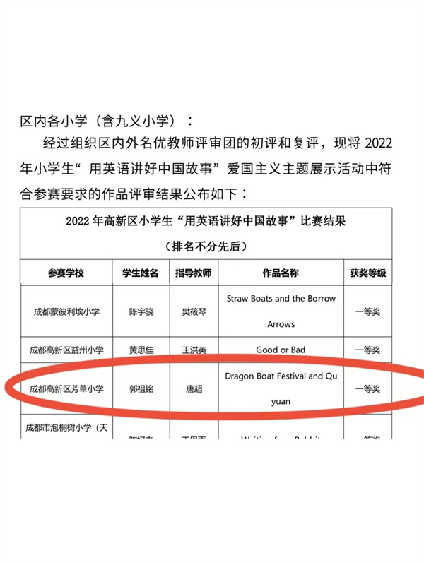 热烈祝贺芳草小学郭祖铭同学在 用英语讲好中国故事 活动中荣获一等奖 四川教育在线网手机版